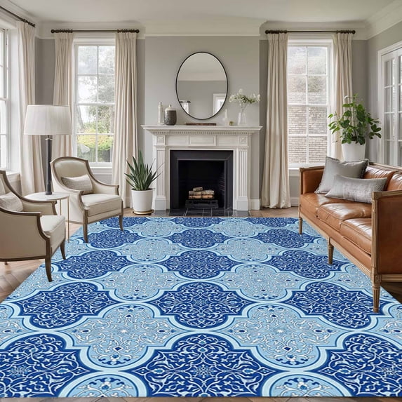 Blue Geometric Area Rugs 8'x10', Washable Small Throw Rugs for Living Room Patio, Retro Morocco Abstract Art Indoor Outdoor Rug Non-Slip Low Pile Carpet Runner Reversible Floor Mats