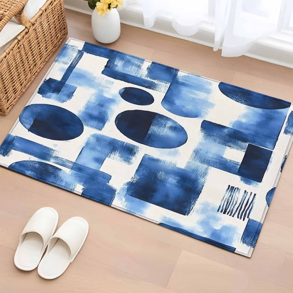 Blue Geometric Bathroom Rug Washable 2x3 Entryway Rug Non Slip Modern Abstract Vintage Art Aesthetic Front Door Mat Low Pile Indoor Doormat Throw Floor Carpet for Kitchen Bedroom Entrance