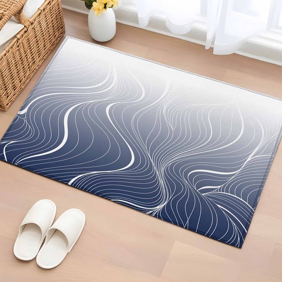 Blue Geometric Bathroom Rug Washable 2x3 Entryway Rug Non Slip Modern White Stripe Abstract Distortion Art Front Door Mat Low Pile Indoor Doormat Throw Floor Carpet for Kitchen Bedroom Entrance