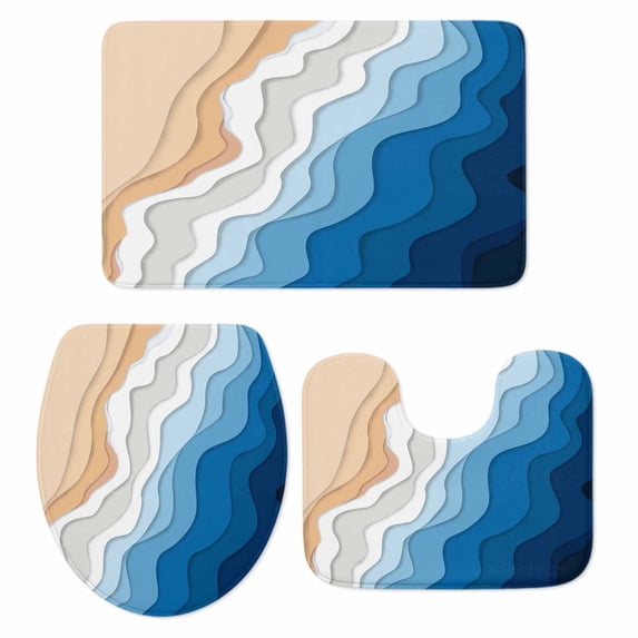 Blue Geometric Beach Bath Mat 3 Piece Bathroom Rug Set, Ombre Waves Moire Abstract Art Non Slip Bath Rug Contour Mat and Toilet Lid Cover, Absorbent Shower Mats Soft Bath Rugs and Mats Sets
