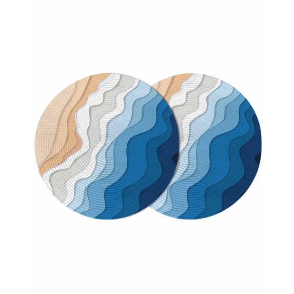 Blue Geometric Beach Round 13 Inch Placemats Set of 2, Ombre Waves Moire Abstract Art HeatResistant Non Slip Place Mats for Dining Table, Wipeable Braided Kitchen Table Mats for Housewarming