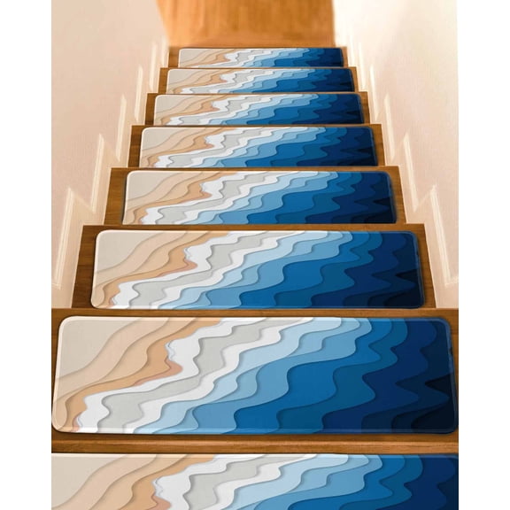 Blue Geometric Beach Stair Treads for Wooden Steps Indoor Runner Rug Carpet, Ombre Waves Moire Abstract Art 4 Pieces Peel and Stick Staircase Step Treads Covers Washable Throw Door Mats, 30"x8"