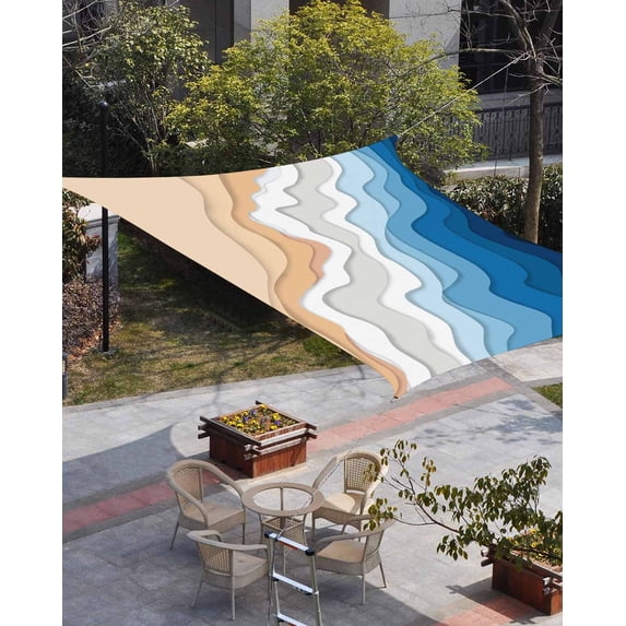 Blue Geometric Beach Sun Shade Sail 14'x18' Rectangle Outdoor Shade Canopy, Ombre Waves Moire Abstract Art Porch Shades Outdoor Sun Blocking Screen, Sunshade Cloth Covers for Patio/Deck/Garden