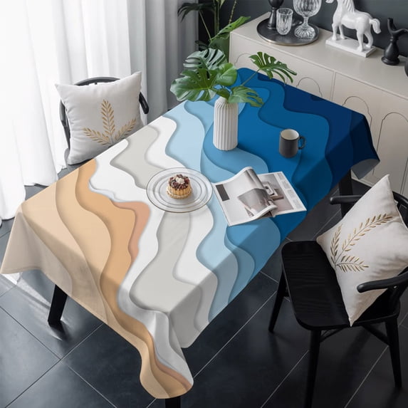 Blue Geometric Beach Table Cloth Waterproof Tablecloths, Ombre Waves Moire Abstract Art Tablecloth Dining Table Cover for Kitchen Party Tabletop Outdoor, Rectangle Tablecloth 54x108 Inch