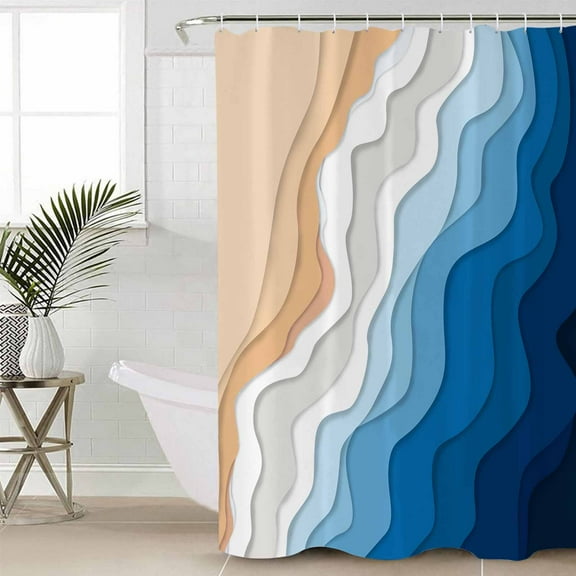 Blue Geometric Beach Waterproof Fabric Shower Curtain, Ombre Waves Moire Abstract Art Shower Curtain for Bathroom Curtains Bathtubs Hotel Washable Shower Curtains with 12 Hooks Standard 60x72
