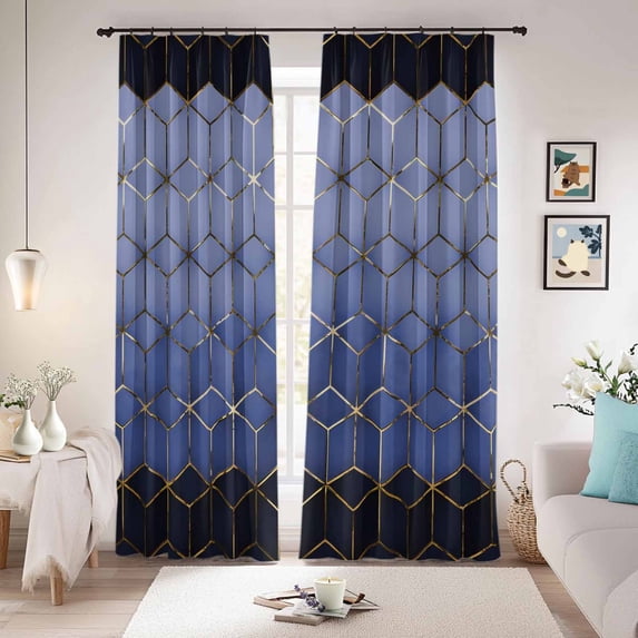 Blue Geometric Blackout Curtains for Bedroom/Living Room, Pinch Pleated Black Out Curtains, Ombre Modern Abstract Art Room Darkening Window Drapes with Hooks 2 Panels, 39"x70"