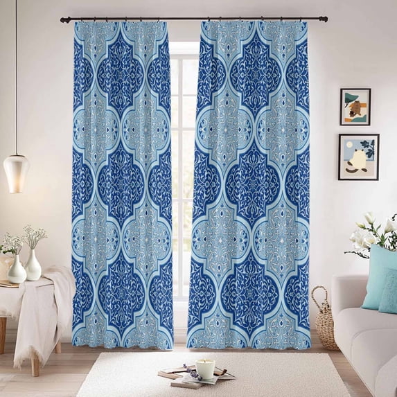 Blue Geometric Blackout Curtains for Bedroom/Living Room, Pinch Pleated Black Out Curtains, Retro Morocco Abstract Art Room Darkening Window Drapes with Hooks 2 Panels, 39"x70"