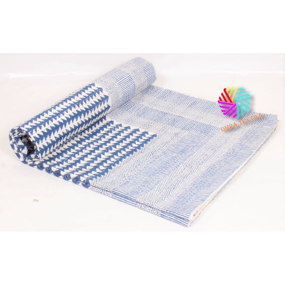 Blue Geometric Block Print IndianKantha Bedspread, Hand Stitched Pure Cotton Coverlet, Artisan Made Modern Boho Bedding