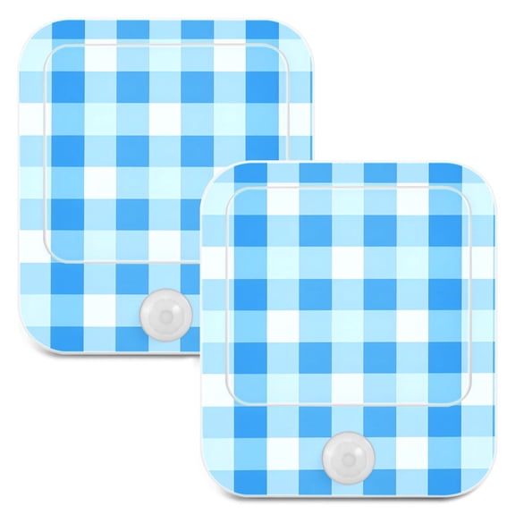 Blue Geometric Checkered Grid Pattern 2 Pack LED Motion Sensor Night Light Plug into Wall Auto Dusk to Dawn Adjustable Brightness for Kids Bedroom Hallway Nursery Room