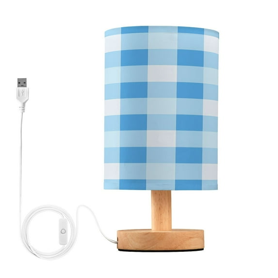 Blue Geometric Checkered Grid Pattern Bedside Table Lamp Desk Warm Lights with USB Charging Port Cylinder LED Lamps for Bedroom Living Room Office