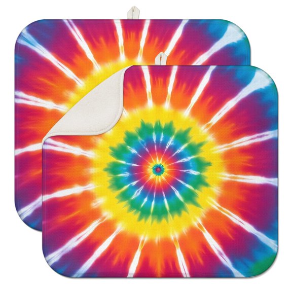 Rainbow Tie Dye Ray Circle Pattern Dish Drying Mat for Kitchen 1 Pack, Ultra Absorbent Microfiber Dishes Drainer Mats,16"x18"