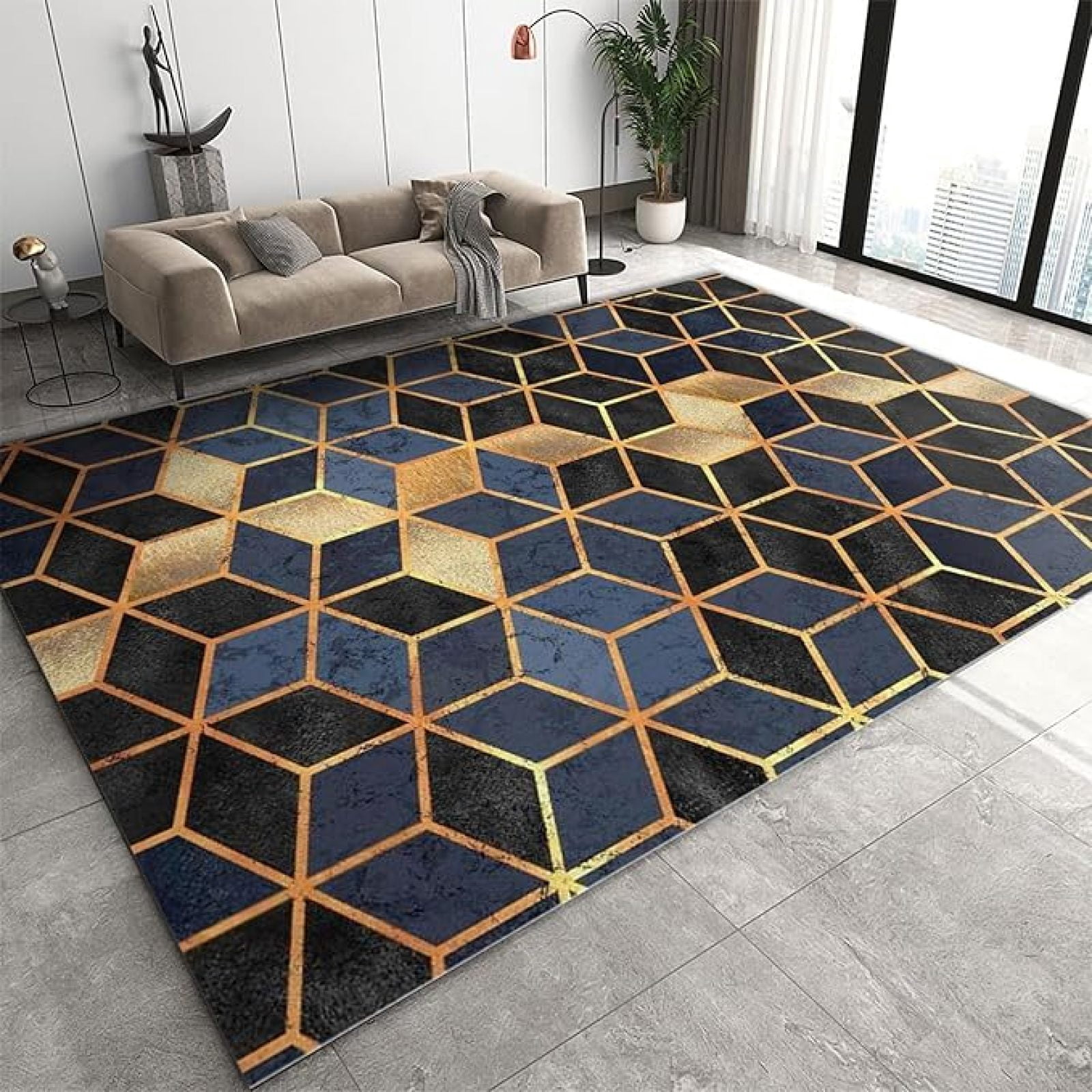 Blue Geometric Cubes Area Rug, Golden 3D Lines Indoor Non Slip Living ...