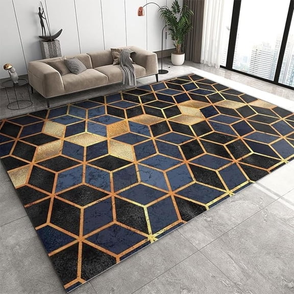 Blue Geometric Cubes Area Rug, Golden 3D Lines Indoor Non Slip Living Room Rugs, Machine Washable Carpet For Bedroom Study Office Kitchen Dining Room Decor Floor Mat 2x3ft