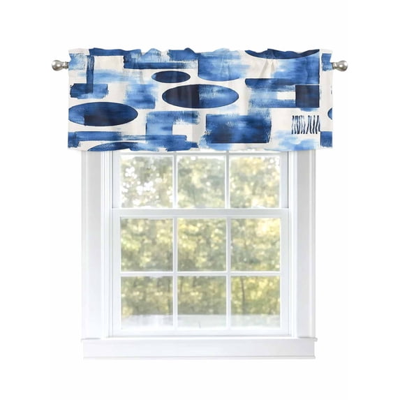 Blue Geometric Curtain Valances for Windows, Modern Abstract Vintage Art Aesthetic Kitchen Valance Window Treatment, Light Filtering Block Curtains for Bathroom/Bedroom/Living Room 54'' x 18''