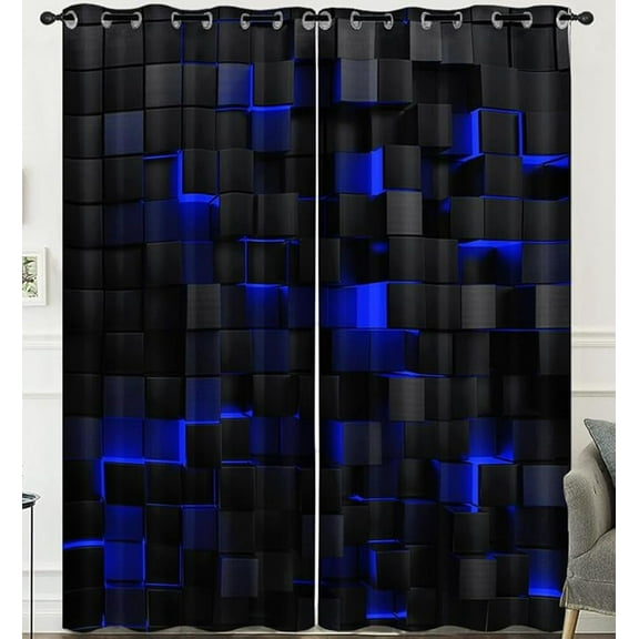 Blue Geometric Decorative Curtains, 2 Panel Modern Geometric Window Curtain For Bedroom Living Room, Light Blocking Grommet Drapes For Dining Room Darkening Curtains 42"W x 63"L (Pack of 2)