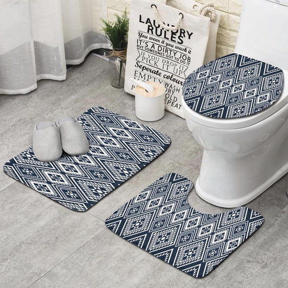 Blue Geometric Diamond Triangle Pattern Bathroom Rugs Sets 3 Piece,Toilet Cover Set,Absorbent Non Slip Bathroom Mats Sets with U-Shaped Contour Rug Toilet Rug Set