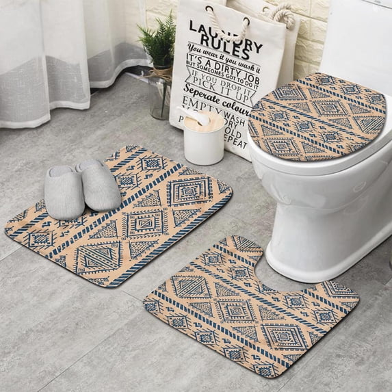 Blue Geometric Diamond Triangle Pattern Bathroom Rugs Sets 3 Piece,Toilet Cover Set,Absorbent Non Slip Bathroom Mats Sets with U-Shaped Contour Rug Toilet Rug Set