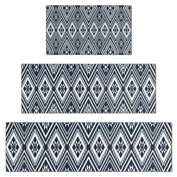 Blue Geometric Diamond Triangle Pattern Kitchen Rugs Sets Of 3,Kitchen Runner Rugs Non Skid Washable,Decorative Kitchen Floor Mats for Kitchen,Sink,Laundry,17"x30"+ 17"x47" + 17"x59"