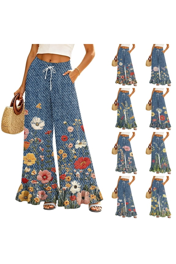 Blue Geometric Floral Palazzo Pants for Women, High Waist Drawstring Wide Leg Trousers - Summer Flowy Ruffle Hem Lounge Bottoms Gold S