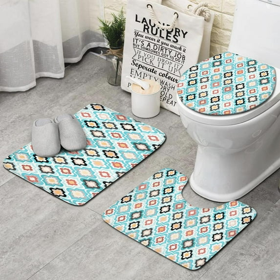 Blue Geometric Flower Diamond Pattern Bathroom Rugs Sets 3 Piece,Toilet Cover Set,Absorbent Non Slip Bathroom Mats Sets with U-Shaped Contour Rug Toilet Rug Set