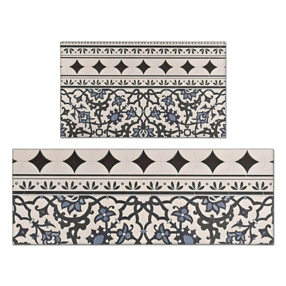 Blue Geometric Flower Diamond Pattern Kitchen Rugs Sets Of 2,Anti Fatigue Kitchen Mat Rugs Non Slip Washable,Decorative Kitchen Floor Mats for Kitchen,Sink,Laundry,17"x30"+17"x47"