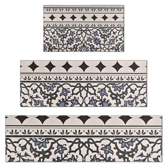 Blue Geometric Flower Diamond Pattern Kitchen Rugs Sets Of 3,Kitchen Runner Rugs Non Skid Washable,Decorative Kitchen Floor Mats for Kitchen,Sink,Laundry,17"x30"+ 17"x47" + 17"x59"
