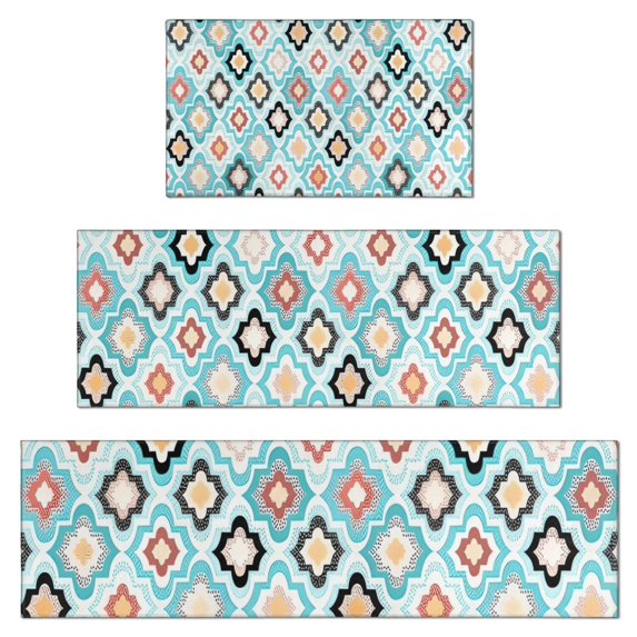 Blue Geometric Flower Diamond Pattern Kitchen Rugs Sets Of 3,Kitchen Runner Rugs Non Skid Washable,Decorative Kitchen Floor Mats for Kitchen,Sink,Laundry,17"x30"+ 17"x47" + 17"x59"