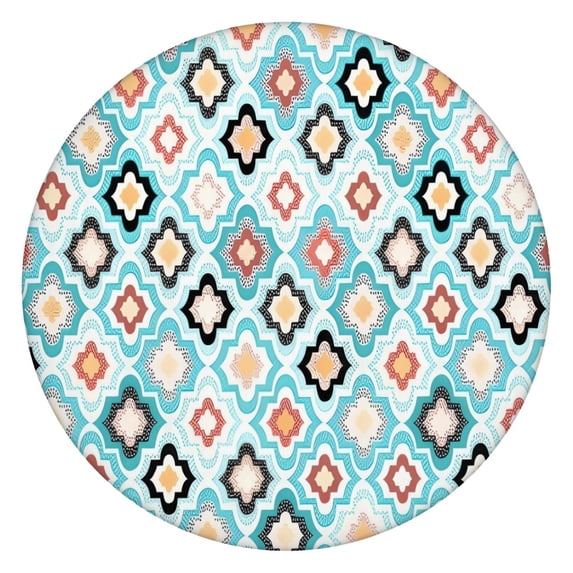 Blue Geometric Flower Diamond Pattern Round Fitted Tablecloth with Elastic Edge,Dining Table Cover Waterproof,Outdoor Round Tablecloth for Camping,Dining,Indoor and Outdoor