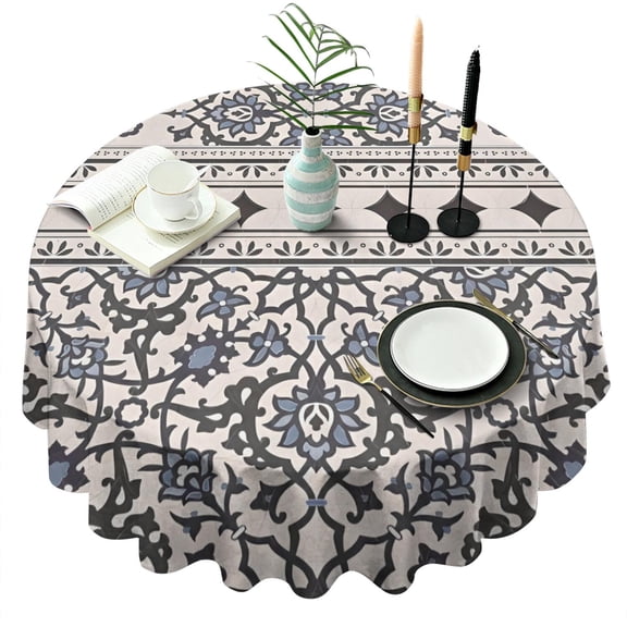 Blue Geometric Flower Diamond Pattern Round Tablecloth 60"x60",Wrinkle Wipeable Table Cloth for Kitchen Dining Room Picnic Patio Party