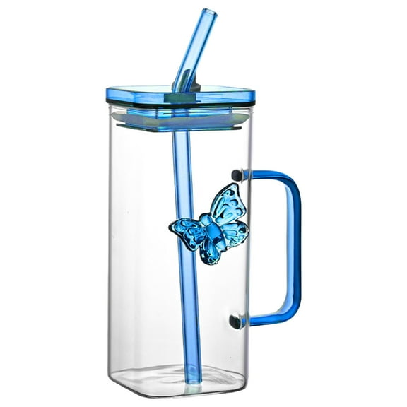 Blue Geometric Glass Drinking Cup With Reinforced Handle Dual-Purpose Straw Hole Design Shatter-Resistant For Home Bar Use #9Nq28