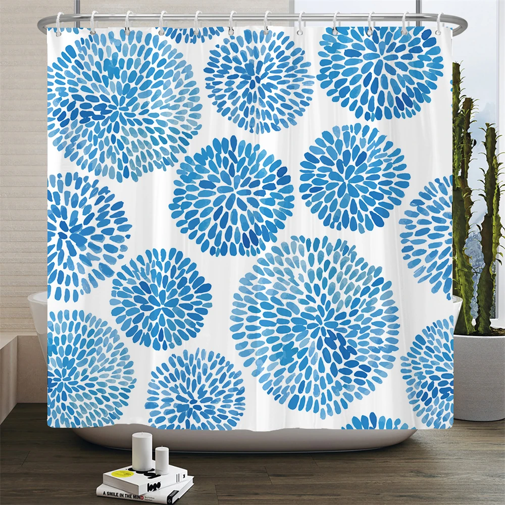 Blue Geometric Hexagonal Shower Curtains Waterproof Fabric Bathroom ...