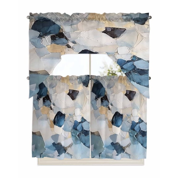 Blue Geometric Kitchen Curtain and Valance Set 3 Pieces, Rod Pocket Short Tier Curtains 36 Inch Length, Modern Abstract Oil Painted Swag Topper Small Window Treatment for Cafe Bathroom Bedroom