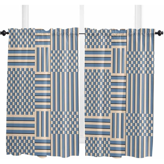 Blue Geometric Kitchen Curtains 39 Inch Length, Farmhouse Curtains & Drapes, Modern Abstract Art Striped Plaid Rod Pocket Window Curtains for Living Room/Bedroom, 27.5x39, 2 Panels