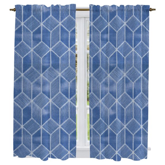 Blue Geometric Kitchen Curtains 63 Inch Length, Checkered Modern Abstract Art Tiers Curtains for Living Room Berdoom Bathroom, Light Filtering Drapes Rod Pocket Window Treatment 2 Panels 42"Wx63"L