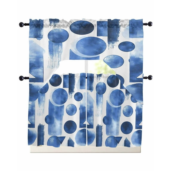 Blue Geometric Kitchen Curtains Sets 36 Inch Length with Valance, Minimalist Abstract Retro Artwork Swag Valances and Tiers Curtain Set Drapes Swag Curtains for Living Room, Bathroom, Bedroom, Cafe