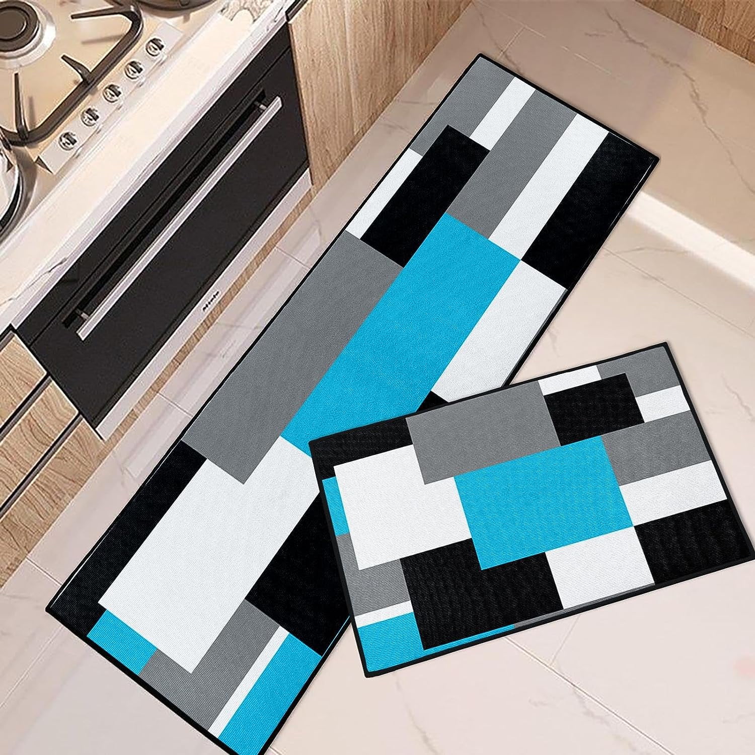 Blue Geometric Kitchen Rugs and Mats Non Skid Washable Set of 2