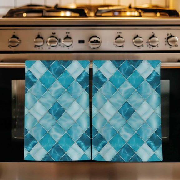 Blue Geometric Kitchen Towels Set of 1, Modern Diamond Texture Ombre Lines Absorbent Dish Towels for Kitchen, Microfiber Hand Towel, Quick Drying Tea Towel for Cleaning Decorative Dishcloths