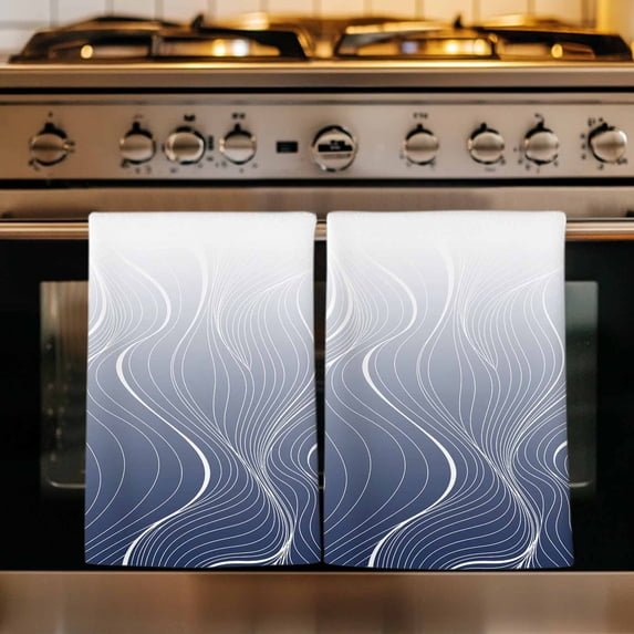 Blue Geometric Kitchen Towels Set of 1, Modern White Stripe Abstract Distortion Art Absorbent Dish Towels for Kitchen, Microfiber Hand Towel, Quick Drying Tea Towel for Cleaning Decorative Dishcloths