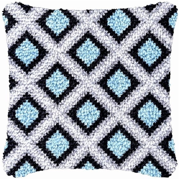 Blue Geometric Latch Hook Kits Pillow DIY Rug Crochet Hook Cushion Making Kits with Preprinted Pattern Canvas Instruction Yarns and Latch Hooking Pillow Cover Easy to Starter DIY Kits 43x43cm