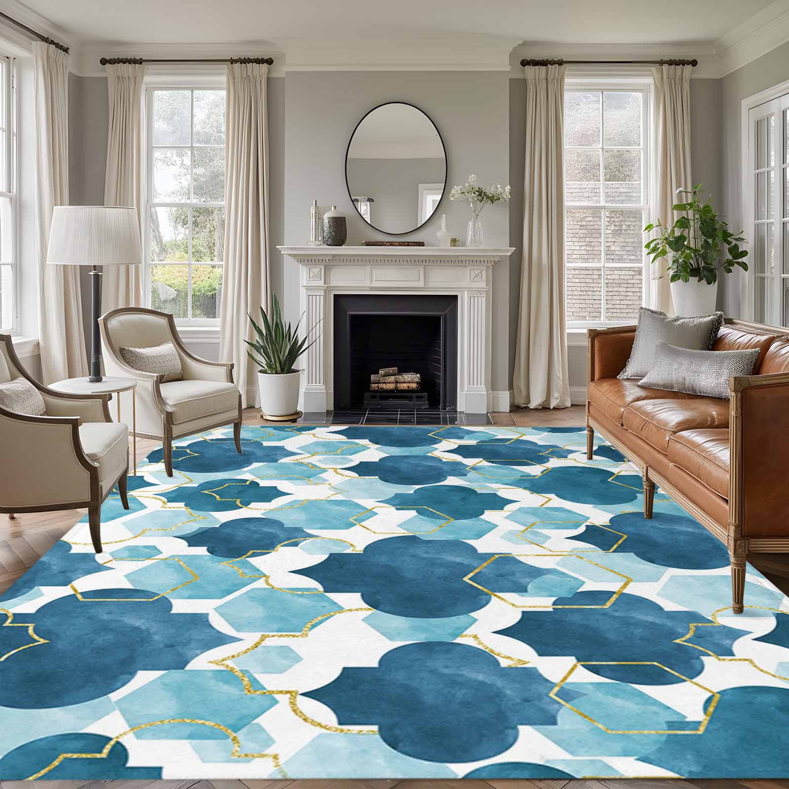 Blue Geometric Moroccan Area Rugs 8'x10', Washable Small Throw Rugs for ...
