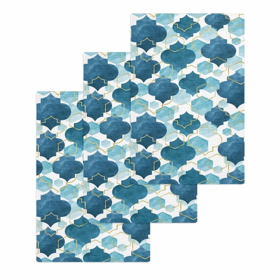 Blue Geometric Moroccan Kitchen Dish Towels for Drying Dishes Set of 3, Abstract Art Blue Ombre Modern Waffle Weave Microfiber Hand Tea Bathroom Towels Quick Dry & Absorbent Towel 15.7x23.6