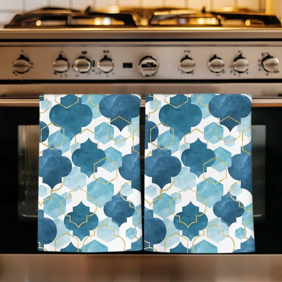 Blue Geometric Moroccan Kitchen Towels Set of 3, Abstract Art Blue Ombre Modern Absorbent Dish Towels for Kitchen, Microfiber Hand Towel, Quick Drying Tea Towel for Cleaning Decorative Dishcloths