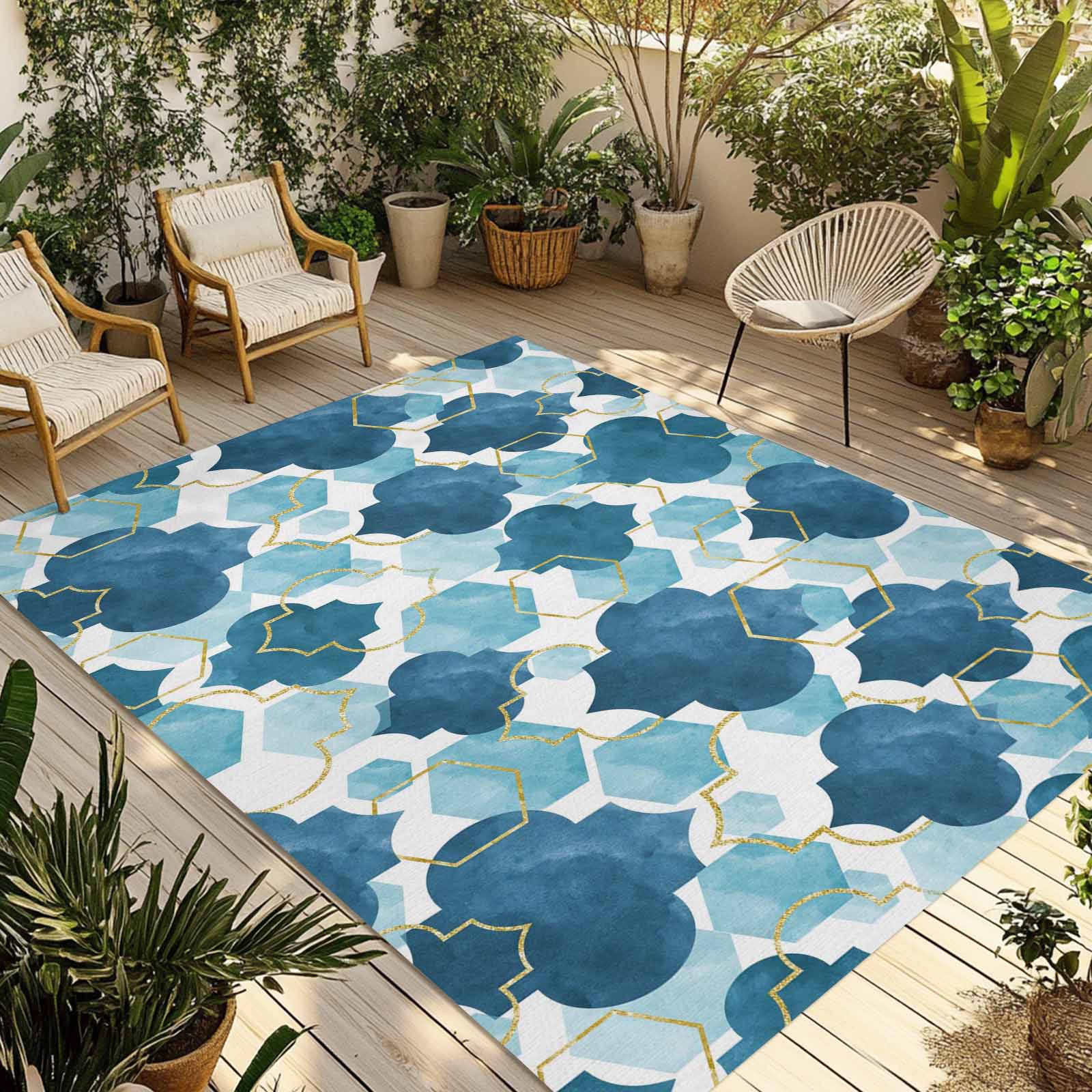 Blue Geometric Moroccan Outdoor Rug for Patio/Deck/Porch, Non-Slip ...