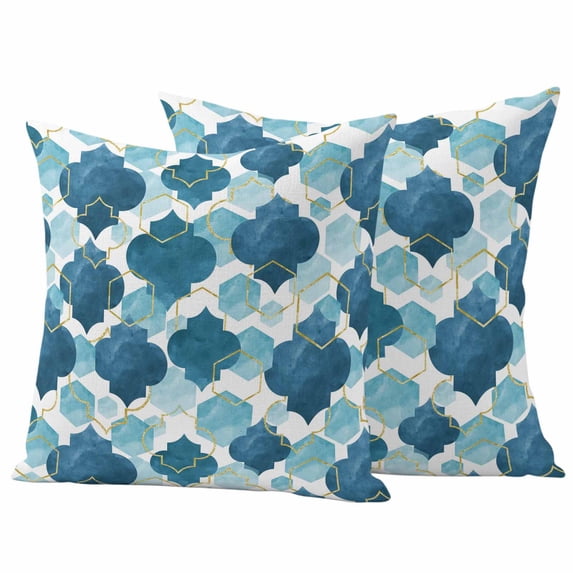 Blue Geometric Moroccan Outdoor Waterproof Pillow Covers, Abstract Art Blue Ombre Modern Decorative Square Throw Pillowcase Sofa Cushion Sham for Patio/Couch/Chair, 16"x16" 2 Pack