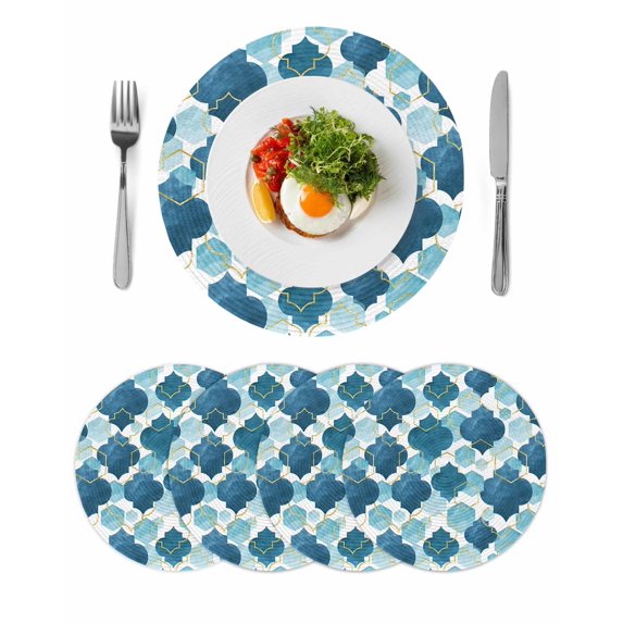 Blue Geometric Moroccan Round 13 Inch Placemats Set of 4, Abstract Art Blue Ombre Modern HeatResistant Non Slip Place Mats for Dining Table, Wipeable Braided Kitchen Table Mats for Housewarming