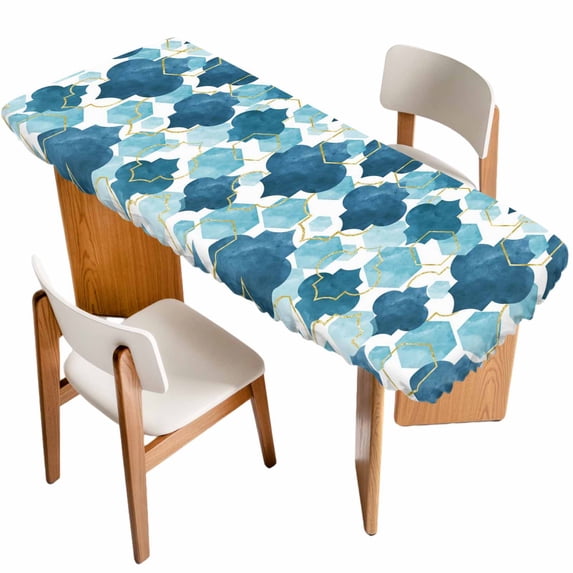 Blue Geometric Moroccan Table Cloths for 8 Foot Rectangle Tables, Abstract Art Blue Ombre Modern Patio Waterproof Elastic Fitted Tablecloths, Washable Rectangular Table Cover for Camping