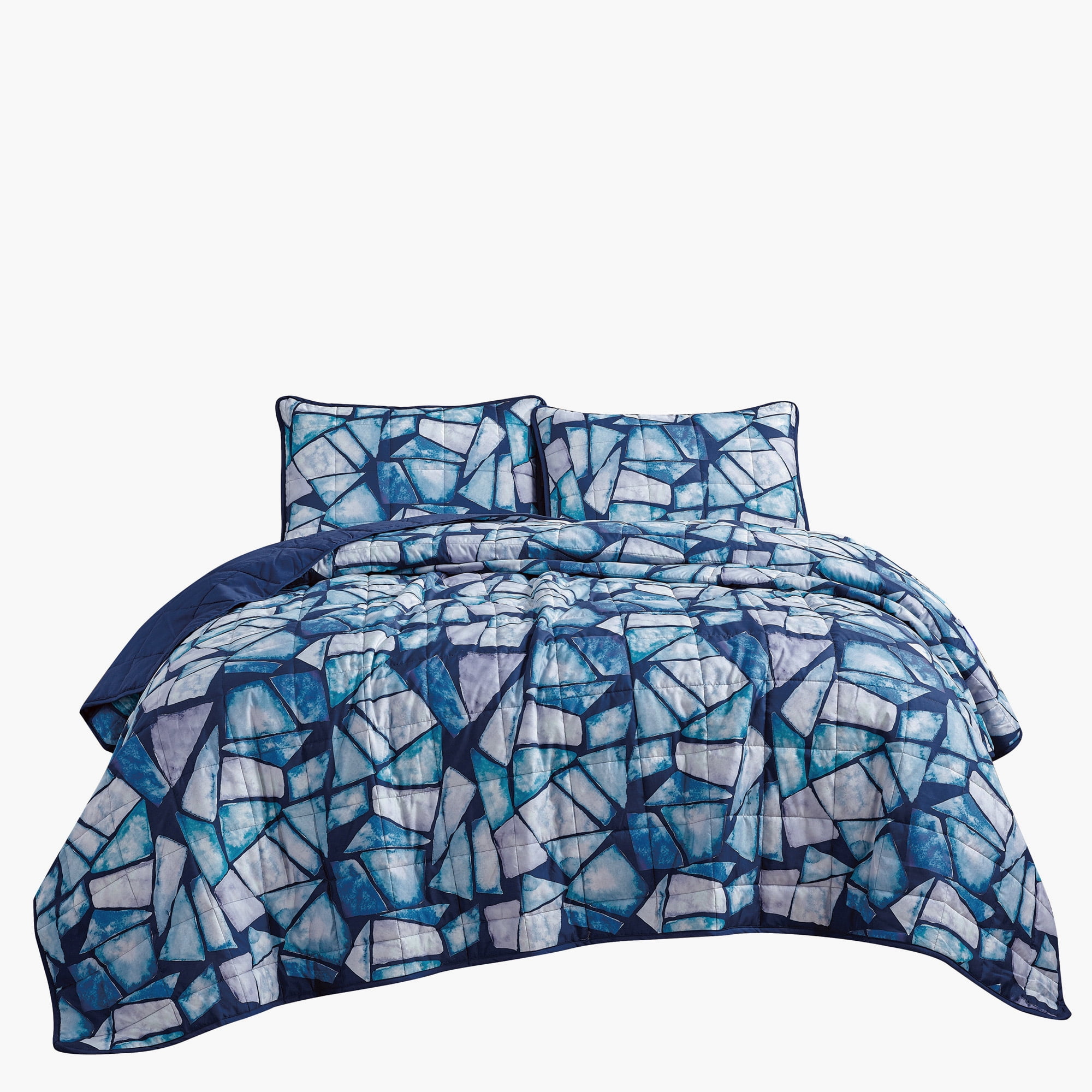3-Piece Reversible King Bedspread Set, Blue Geometric Mosaic Bedding Coverlet
