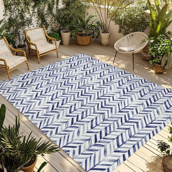 Blue Geometric Outdoor Rug for Patio/Deck/Porch, Non-Slip Large Area Rug 4 x 6 Ft, Watercolor Chevron Abstract Indoor Outdoor Rugs Washable Area Rugs, Reversible Camping Rug Carpet Runner