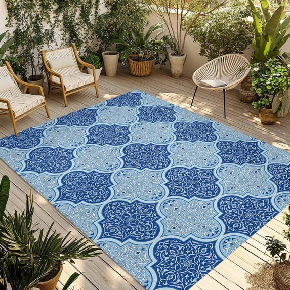 Blue Geometric Outdoor Rug for Patio/Deck/Porch, Non-Slip Large Area Rug 5 x 8 Ft, Retro Morocco Abstract Art Indoor Outdoor Rugs Washable Area Rugs, Reversible Camping Rug Carpet Runner