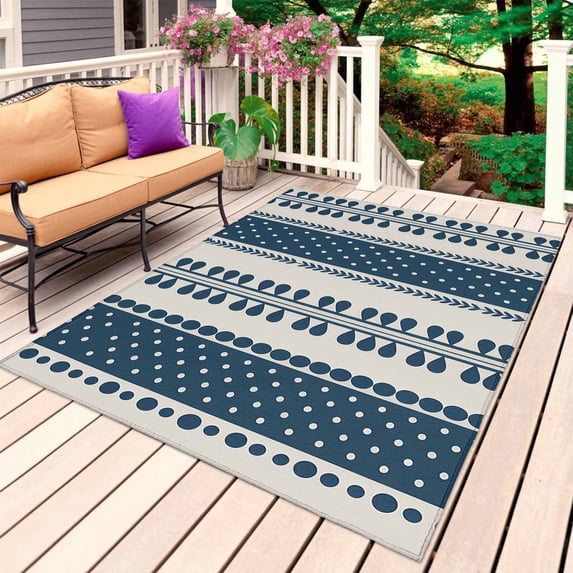 Blue Geometric Outdoor Rug for Patio/Deck/Porch, Non-Slip Large Area Rug 6 x 9 Ft, Farmhouse Modern Stripes Indoor Outdoor Rugs Washable Area Rugs, Reversible Camping Rug Carpet Runner
